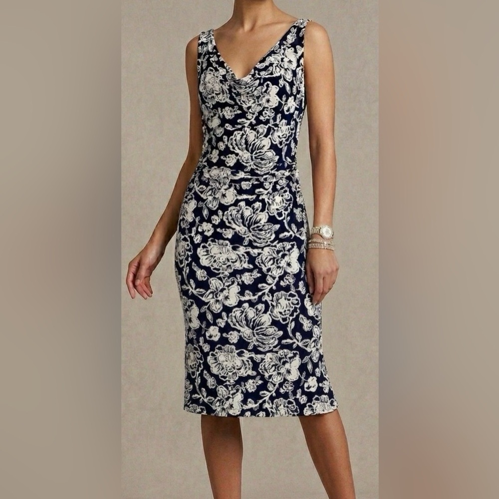 Lauren Ralph Lauren Cowl Floral Sleeveless Dress 6 Blue White Ruched Waist